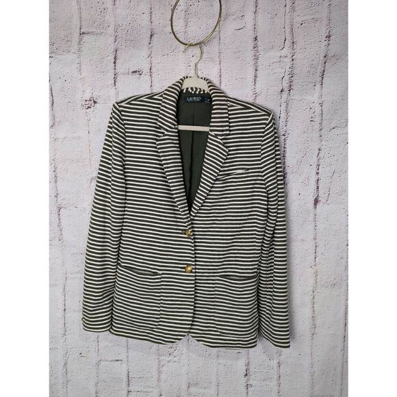 Lauren Ralph Lauren‎ Womens Blazer Green White Stripe Cotton Brass Buttons Sz XL - Picture 1 of 7